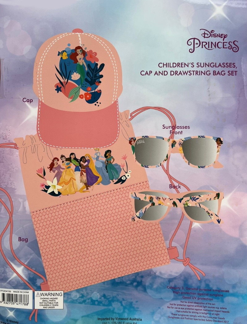 DISNEY 3pc Sunglasses, Cap & Drawstring Bag Set - Barbie, Frozen, Princess