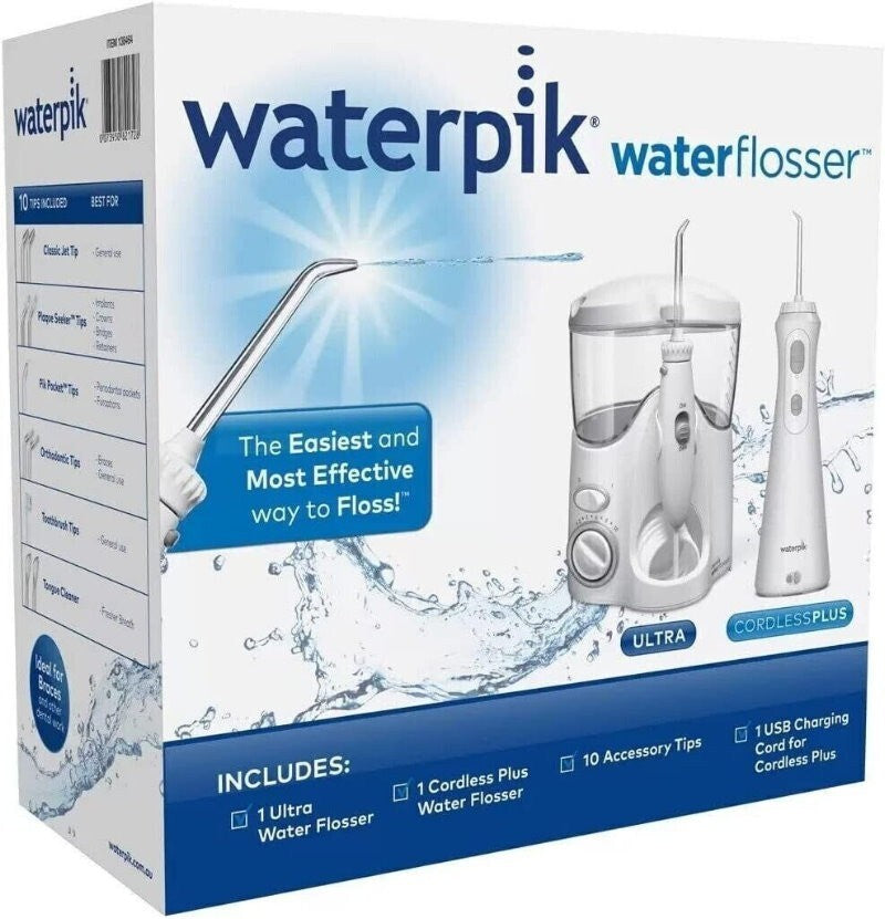 Waterpik Ultra & Travel Cordless Plus Water Flosser Pack +10 Accessory Tip