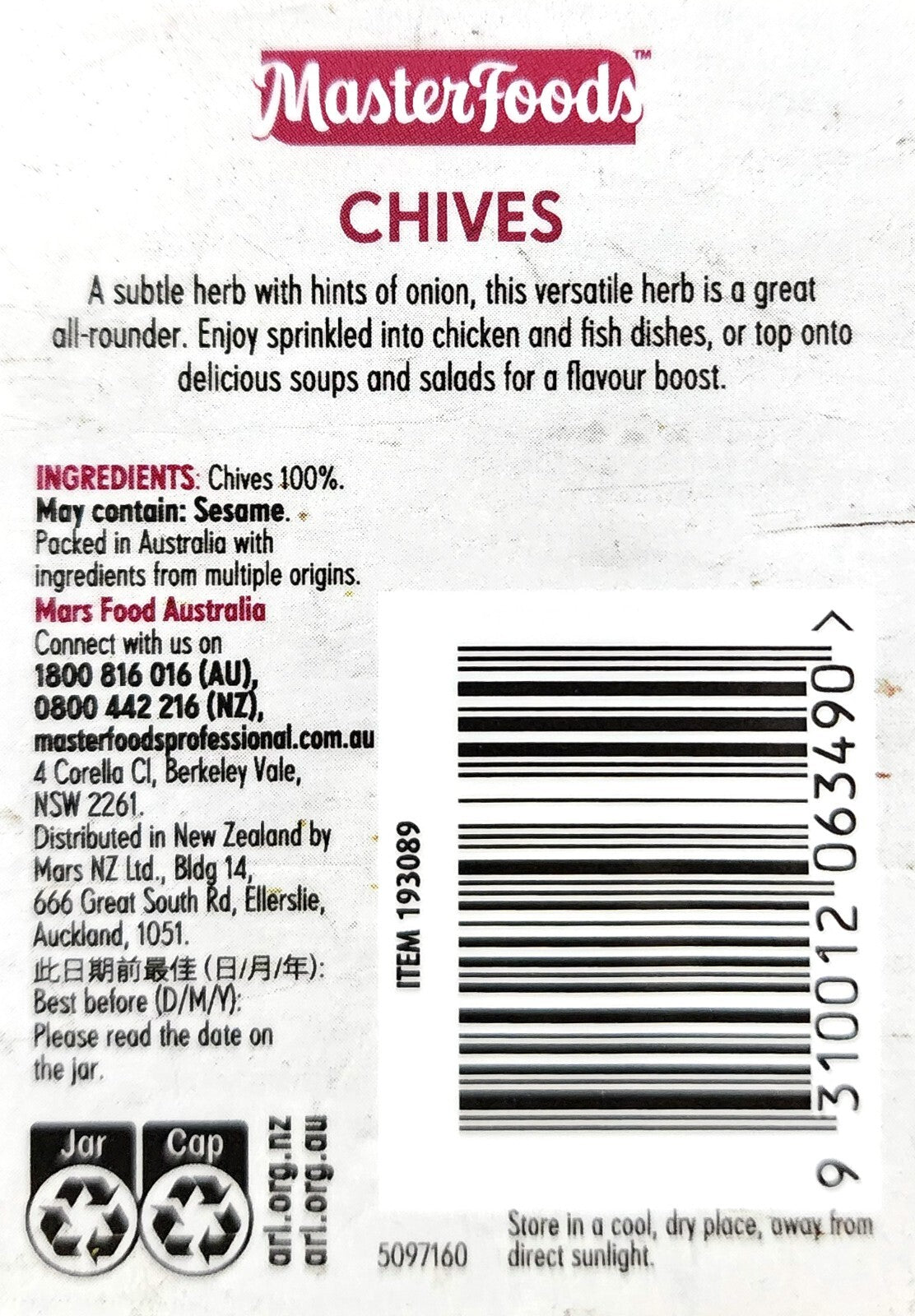 MasterFoods Chopped Chives 30g Dried Herb Seasoning Flavour Soups Salads Dishes