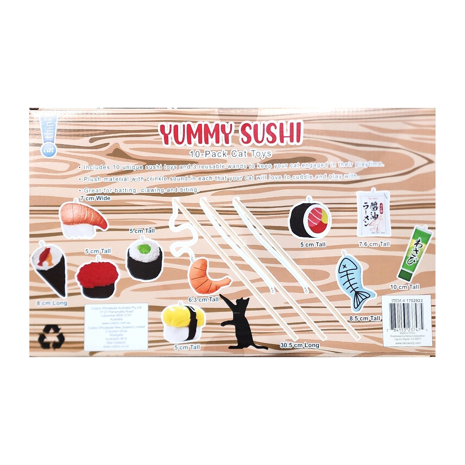 Yummy Sushi Catnip Toys 7 Piece Set with 2 Wands for Cats Soft Toy Playtime Fun