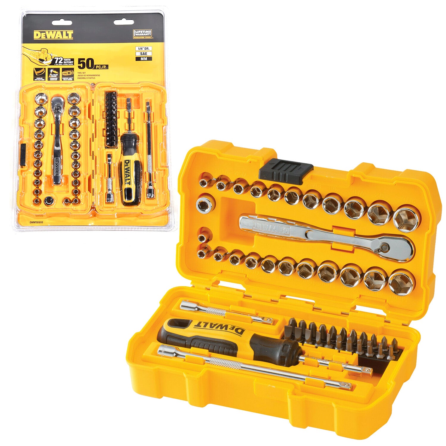 DeWALT  1/4" Drive 50 Piece Mechanics Socket Bits 72 Tooth Ratchet Tool Set Kit