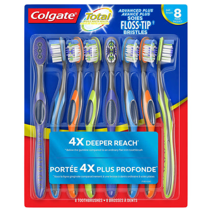 Colgate Total Advanced Plus Floss-Tip Manual Toothbrushes Tongue Cleaner 8 pack