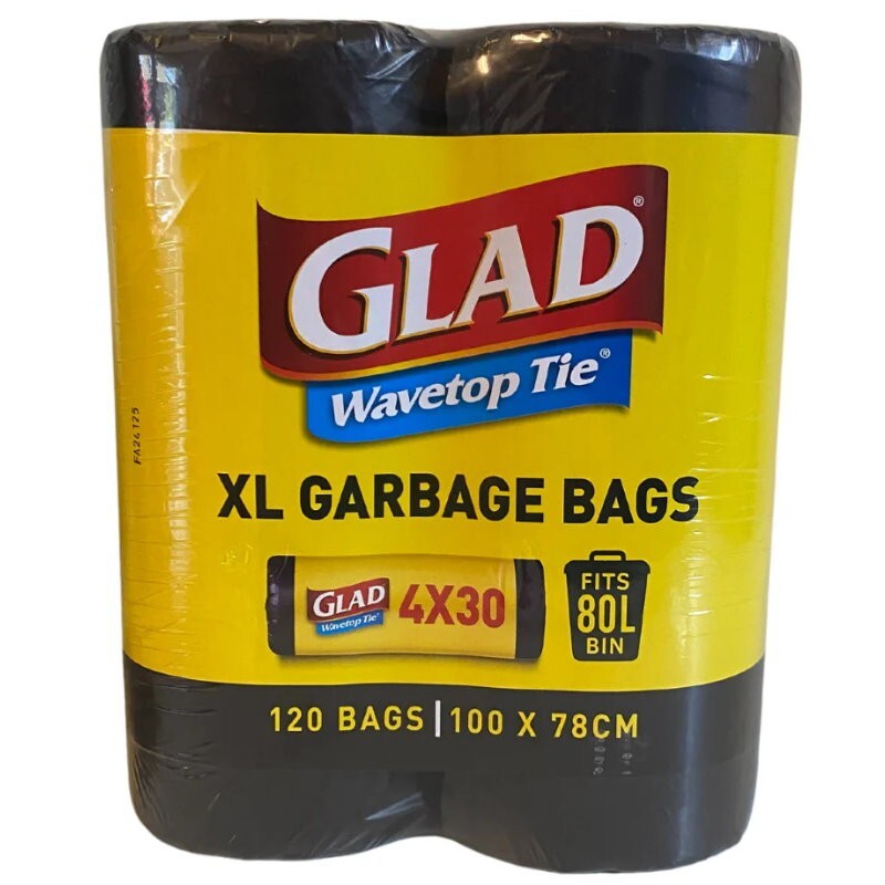 Glad XL 80L Extra Large Wavetop Tie Garbage Bags with Leak Proof Base 78 x 100cm