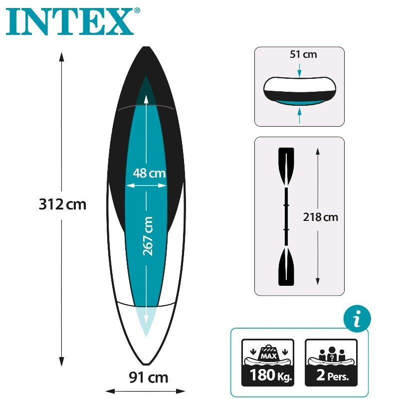 Intex 2-Person Explorer K2 Inflatable Kayak with Bag Canoe River Lake Boat 180kg