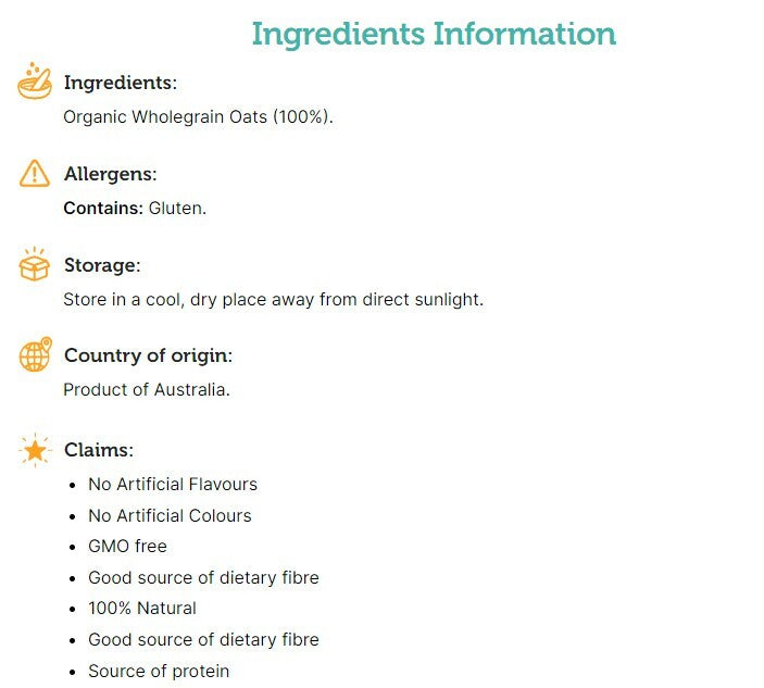 Australian Organic Breakfast Rolled Oats Source of Protein Fibre GMO Free 1kg
