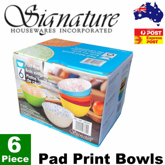 6-Piece Signature Housewares Stoneware Pad Print Bowls 660mL Microwave/Dishwashe