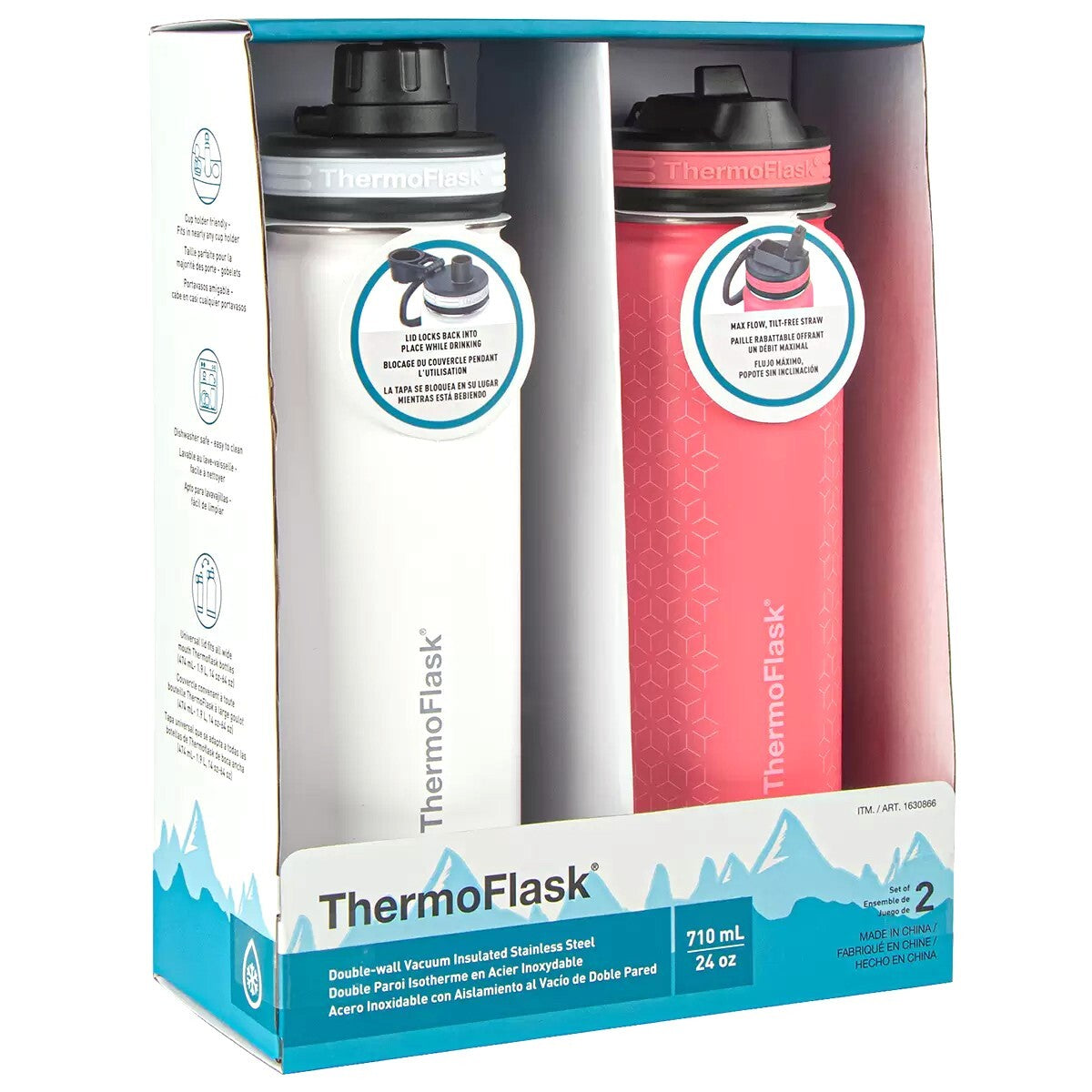 ThermoFlask Stainless Steel Vacuum Sealed Drink Bottle 710ml White & Pink 2 Pack