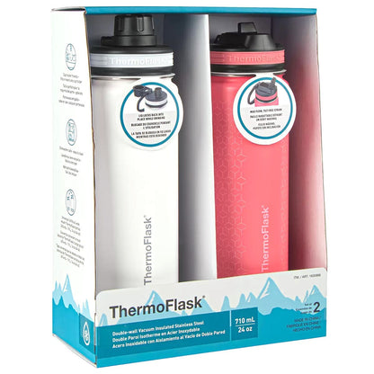 ThermoFlask Stainless Steel Vacuum Sealed Drink Bottle 710ml White & Pink 2 Pack