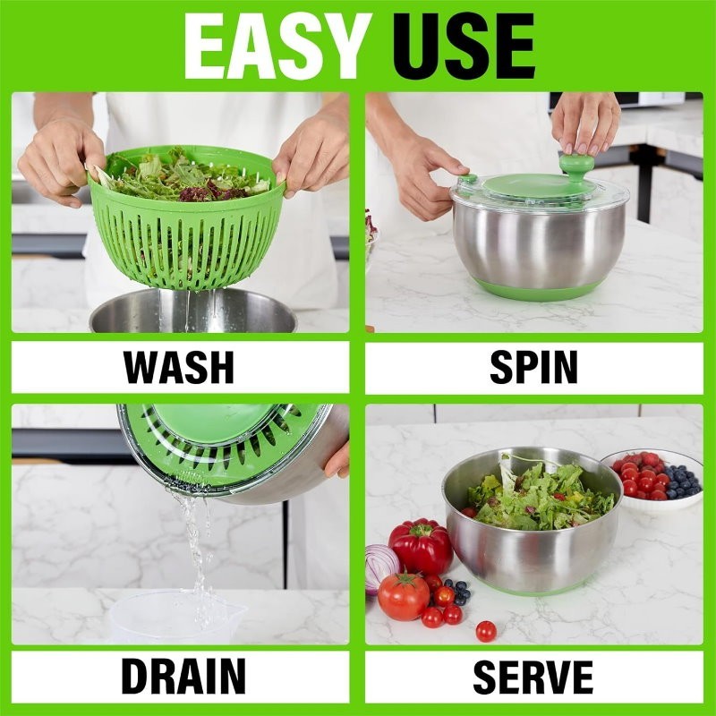 Rollkitchen 4.5L Stainless Steel Salad Spinner Spin Dry Multi-Use Lettuce Washer