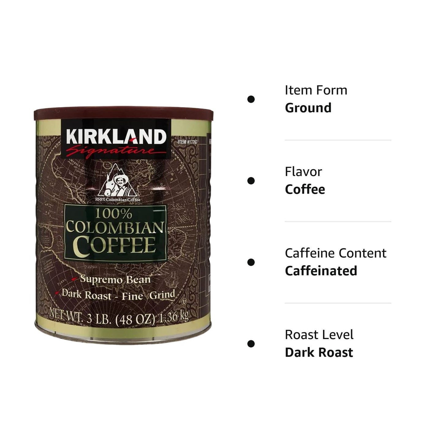 Colombian Supremo 100% Arabica Fine Coffee Grind Ground Dark Roast Kosher 1.36kg