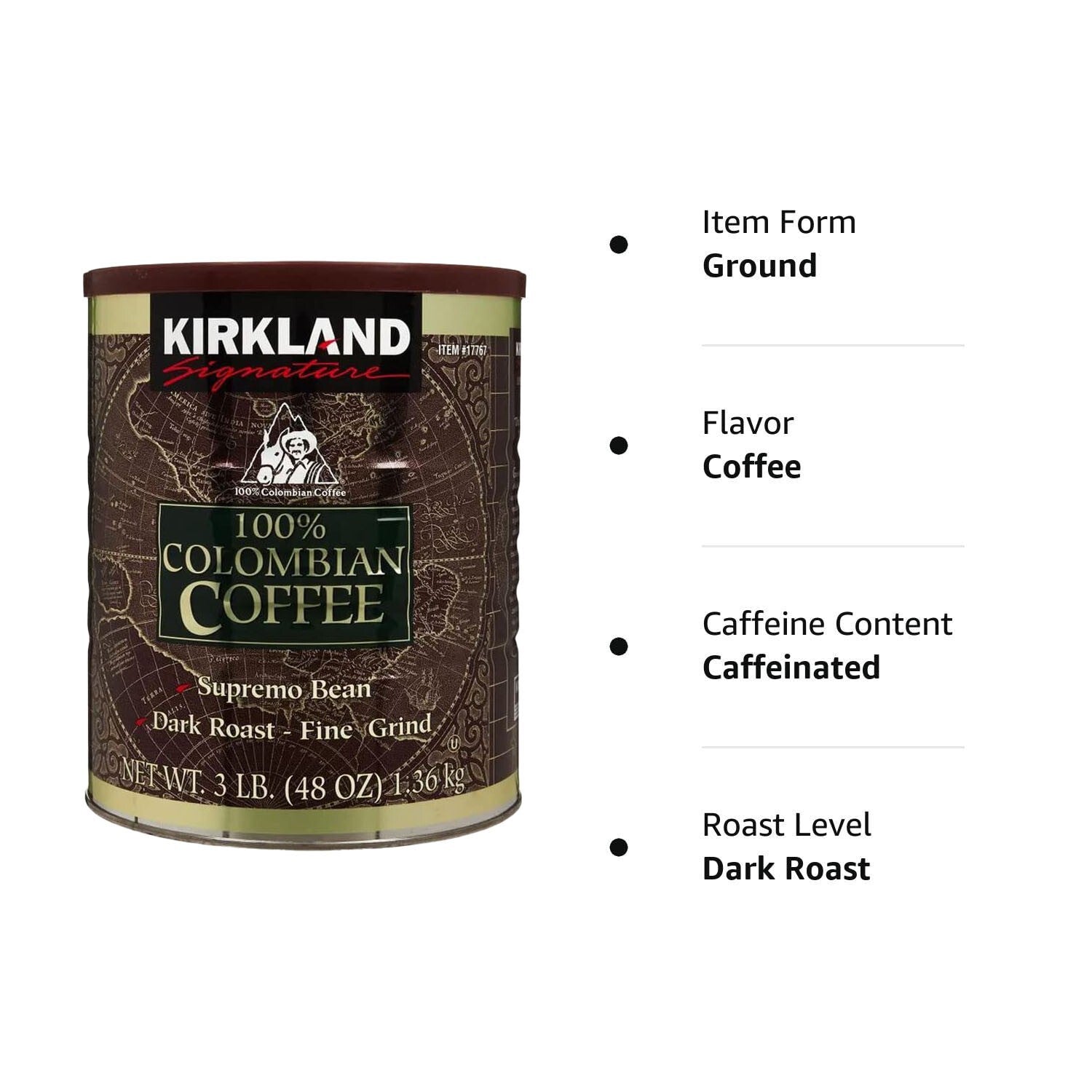 Colombian Supremo 100% Arabica Fine Coffee Grind Ground Dark Roast Kosher 1.36kg