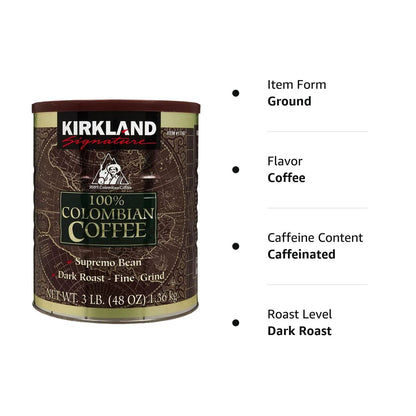 Colombian Supremo 100% Arabica Fine Coffee Grind Ground Dark Roast Kosher 1.36kg
