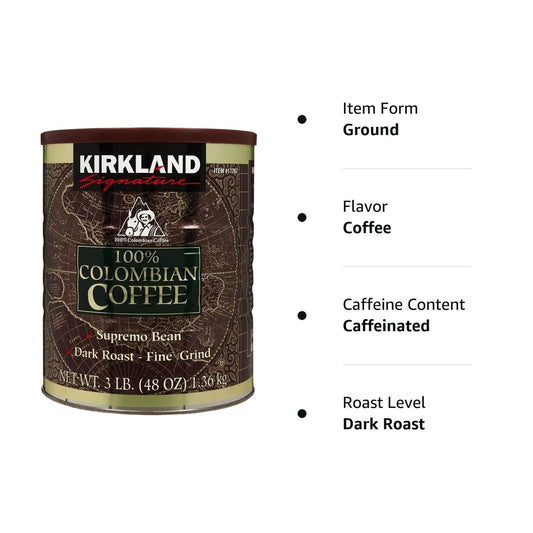 Colombian Supremo 100% Arabica Fine Coffee Grind Ground Dark Roast Kosher 1.36kg