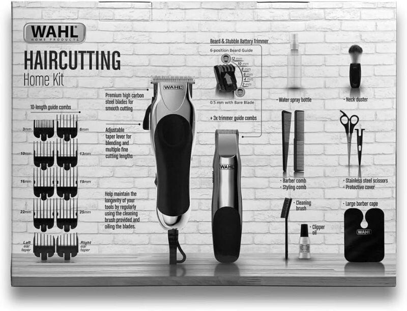 WAHL 25 Pieces Deluxe Chrome Haircutting Home Kit Complete Hair & Trimming Kit