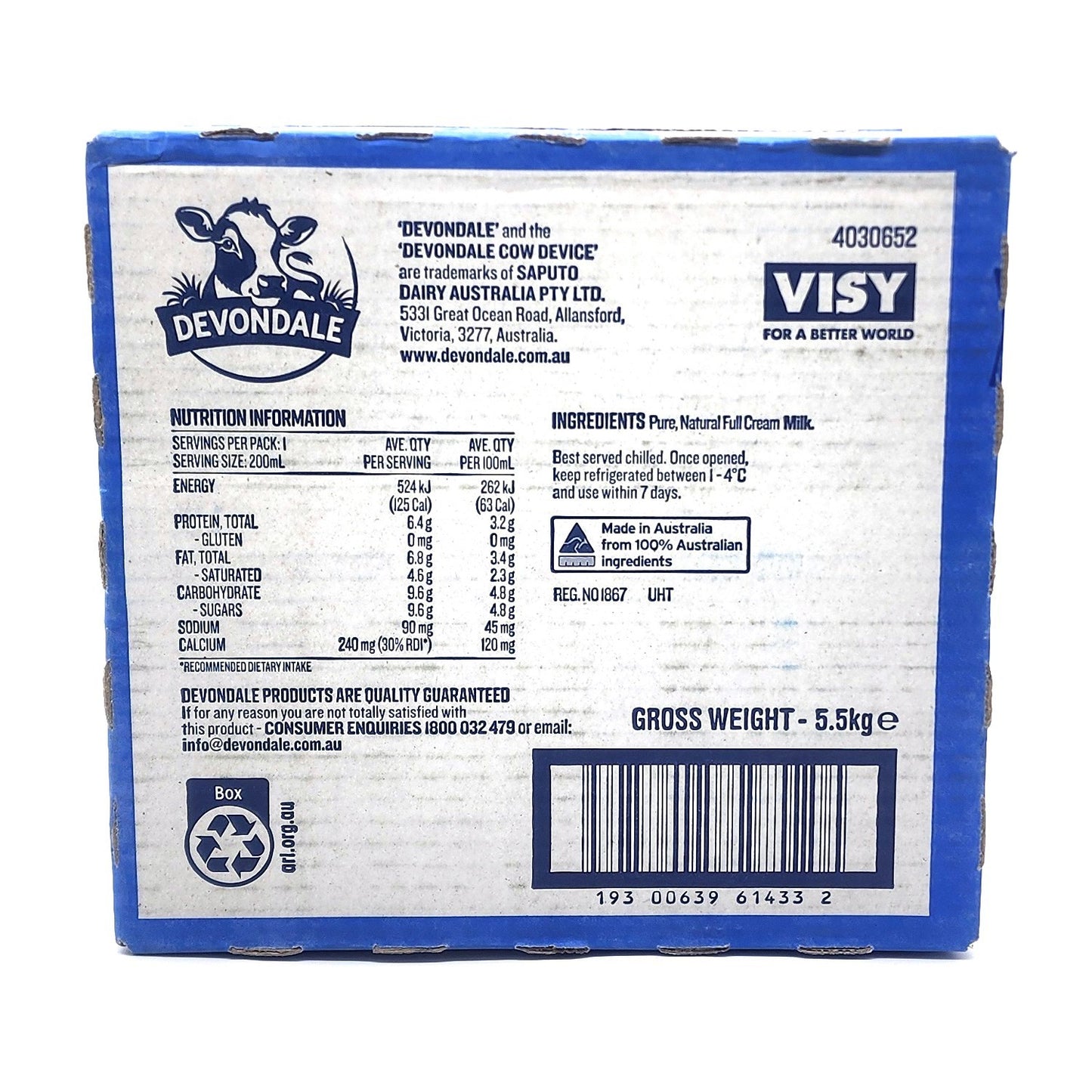 24 x 200ml Devondale 100% Pure Full Cream Kids Long Life Milk No Preservatives