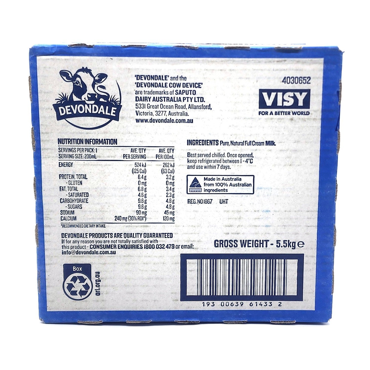 24 x 200ml Devondale 100% Pure Full Cream Kids Long Life Milk No Preservatives