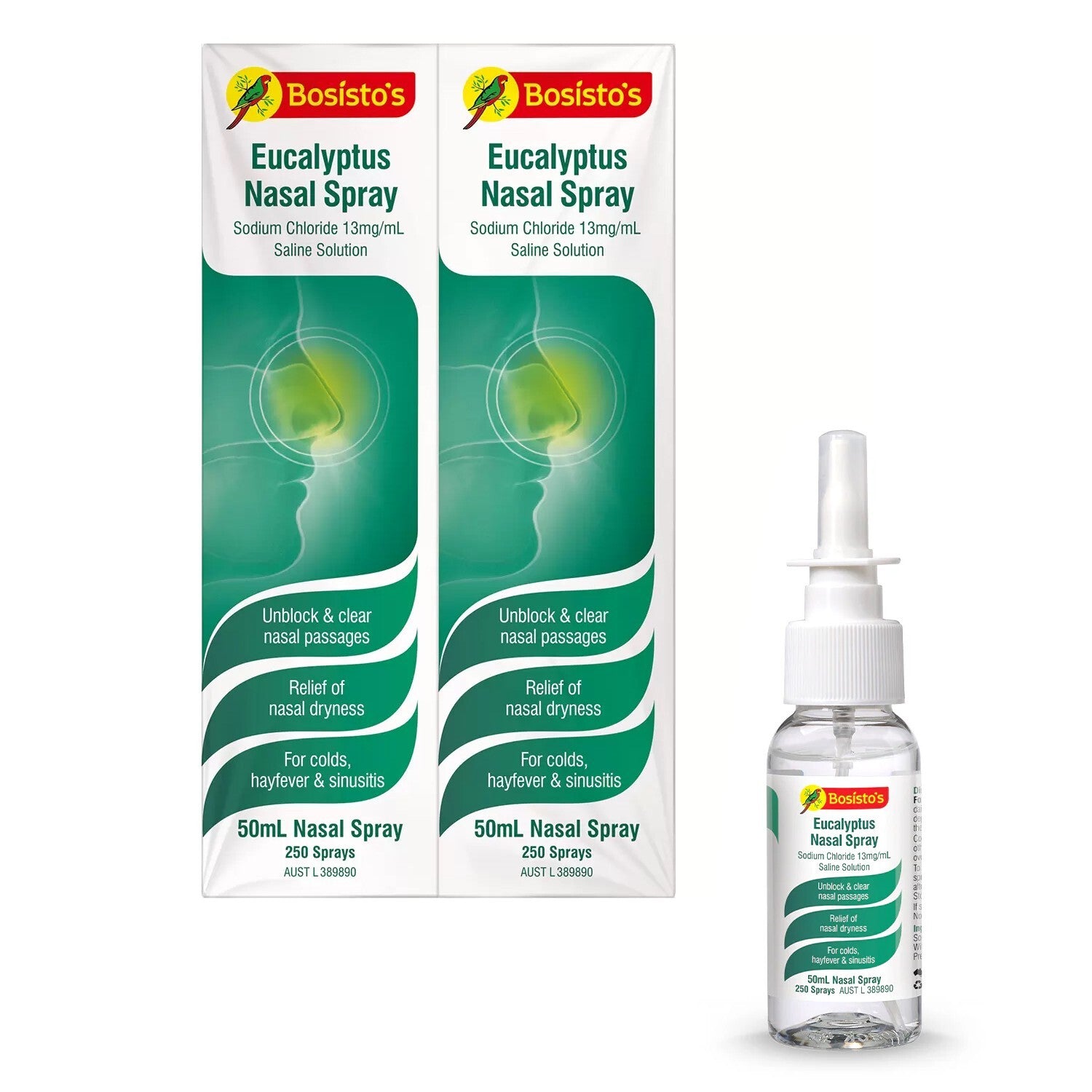 2x 50mL Bosistos Eucalyptus Saline Nasal Spray For Colds Hayfever Sinusitis Nose