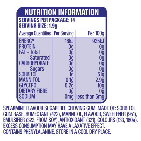 24 x 27g pack Wrigleys Extra Spearmint Sugarfree Chewing Gum Fresh Mint Breath