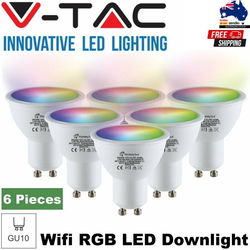 6-Pack V-TAC GU10 WiFi LED SMART Spotlight RGB 5.5Watt -Alexa & Google Assistant