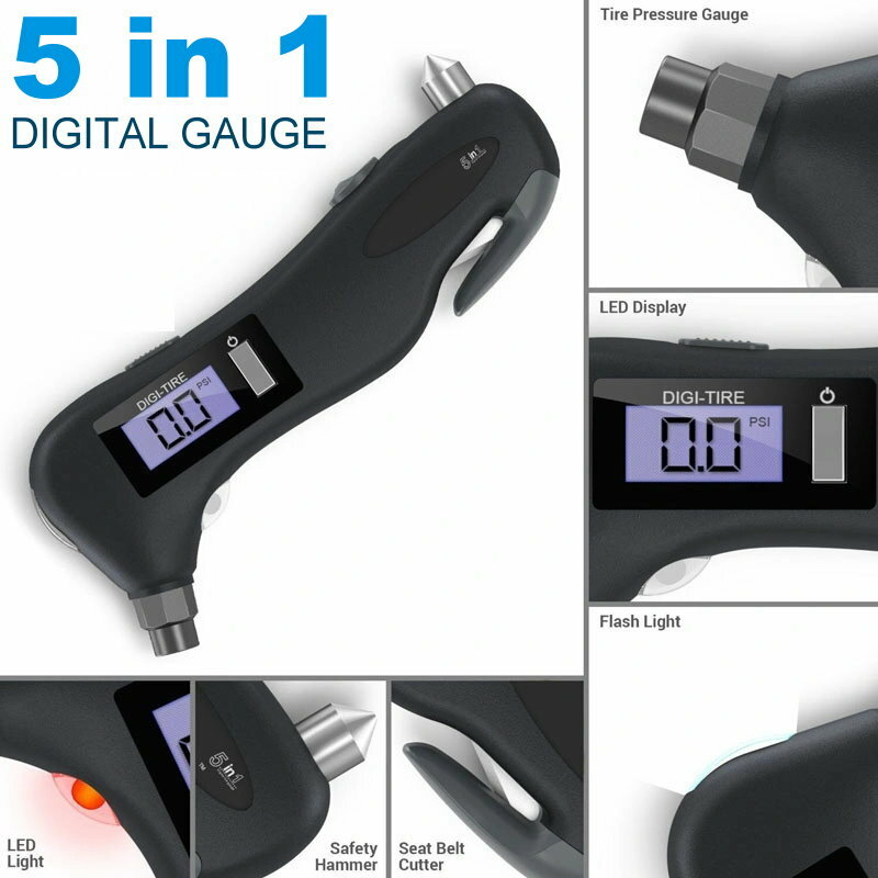 CrewLine 5-in-1 Digital Auto Safety Multi Purpose Tool Tyre Pressure Gauge