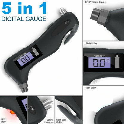 CrewLine 5-in-1 Digital Auto Safety Multi Purpose Tool Tyre Pressure Gauge