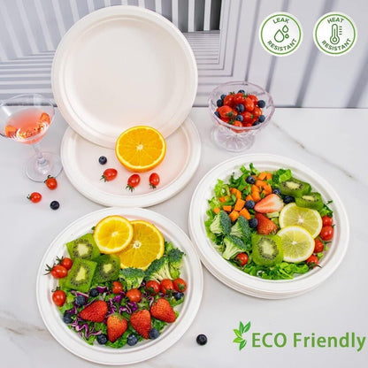 iECO 150-Pack 7" (18cm) Round White Bagasse Disposable Paper Plates Compostable