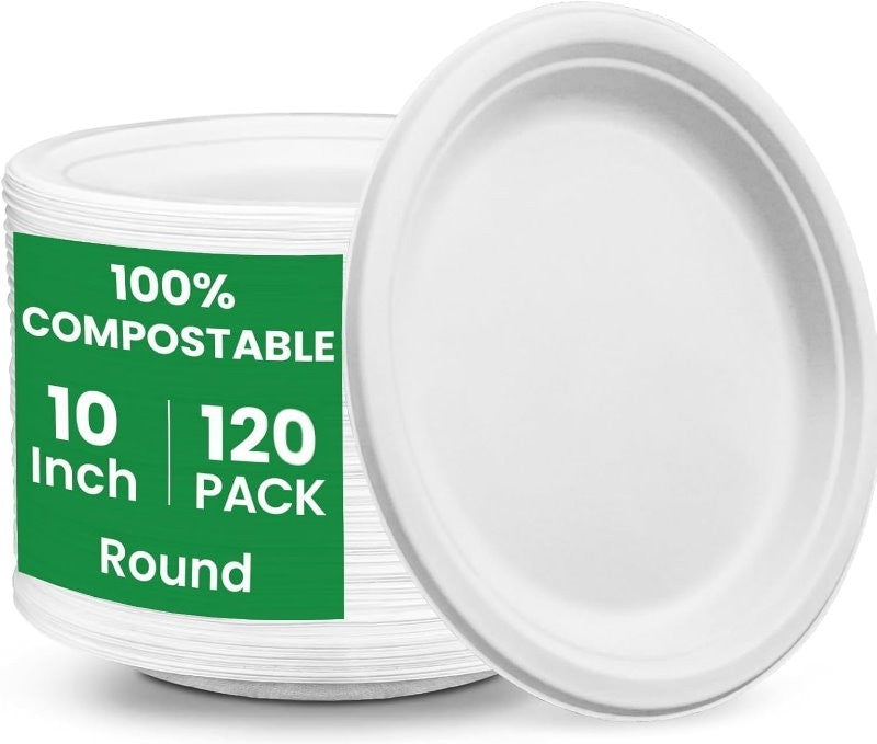 iECO 120-Pack 10" (25cm) Compostable Disposable Bagasse Plates Heavy Duty ECO