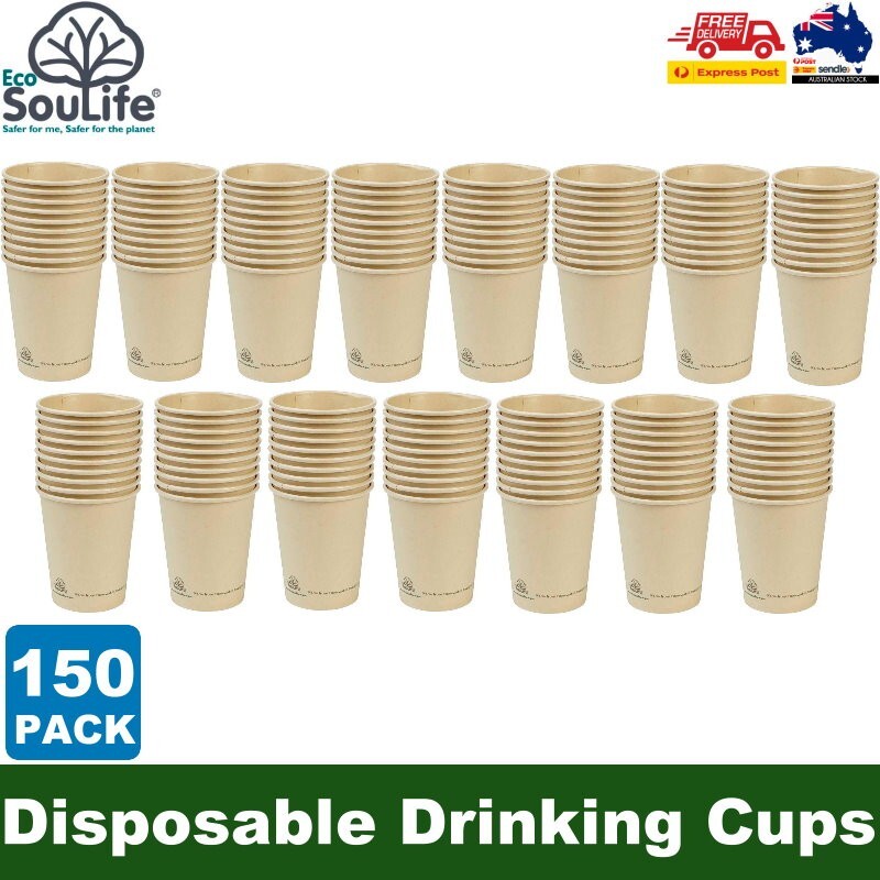 EcoSouLife 150 Pack Bamboo Pulp Cups Natural 355 mL Disposable Drinking Cups
