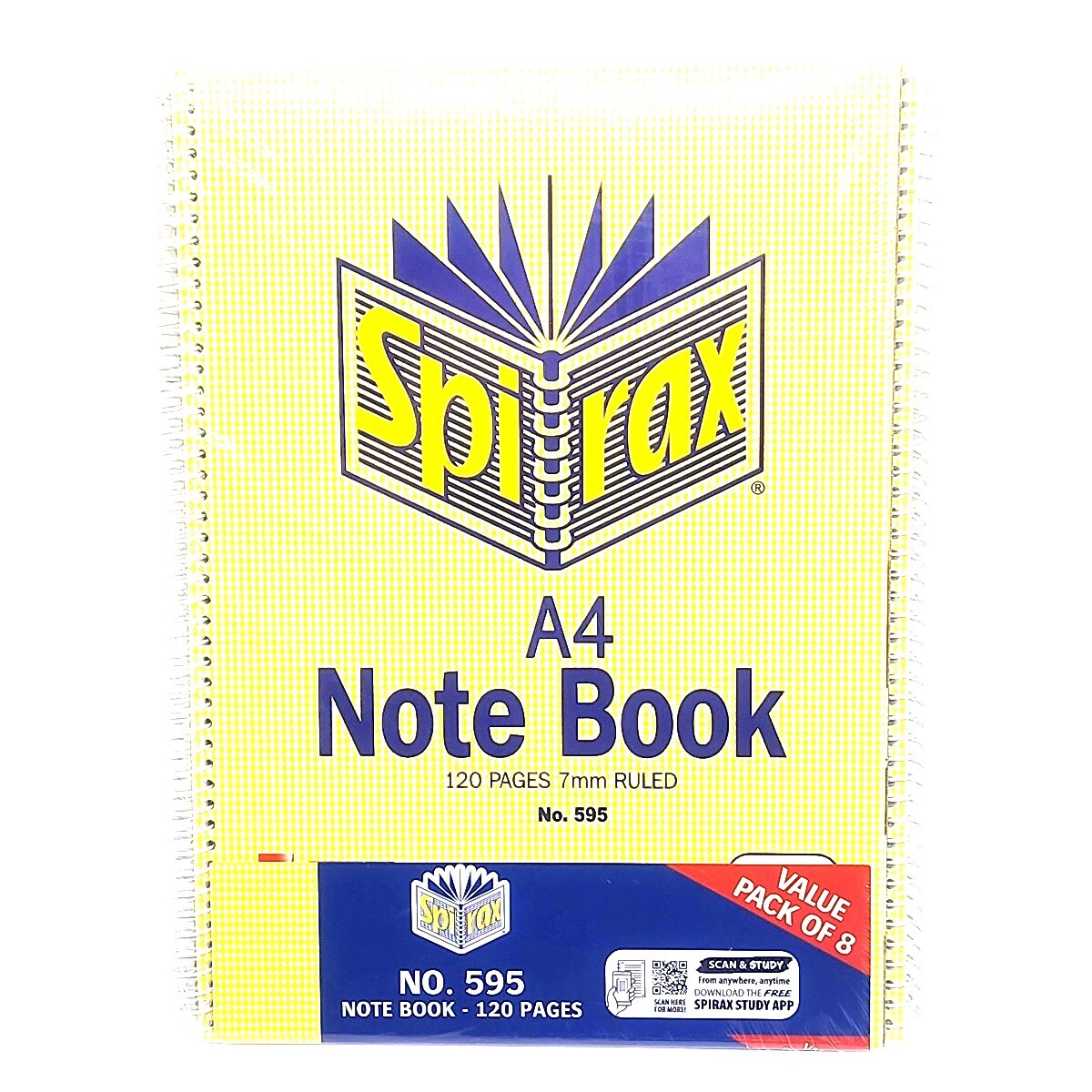 8 x Spirax 595 Notebook 7mm Ruled Lines Spiral Bound 120 Page A4 Pack Study App
