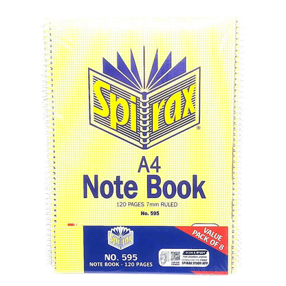 8 x Spirax 595 Notebook 7mm Ruled Lines Spiral Bound 120 Page A4 Pack Study App