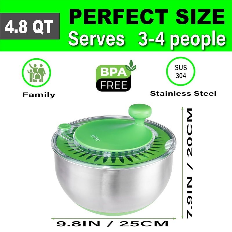 Rollkitchen 4.5L Stainless Steel Salad Spinner Spin Dry Multi-Use Lettuce Washer