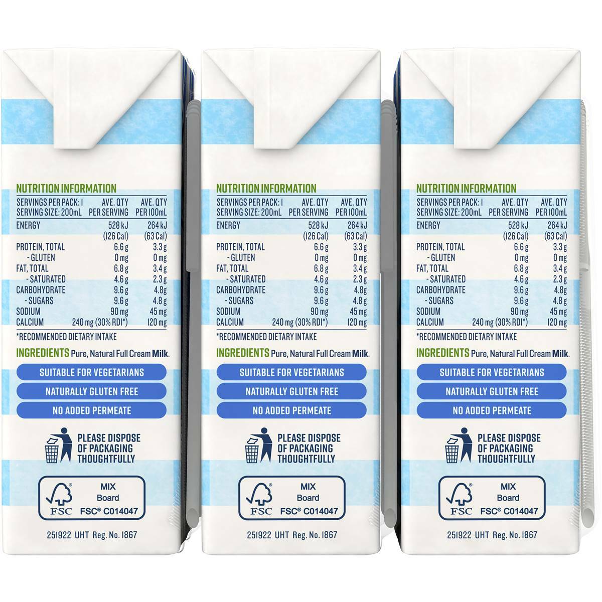 6 x 200ml Devondale 100% Pure Full Cream Kids Long Life Milk No Preservatives