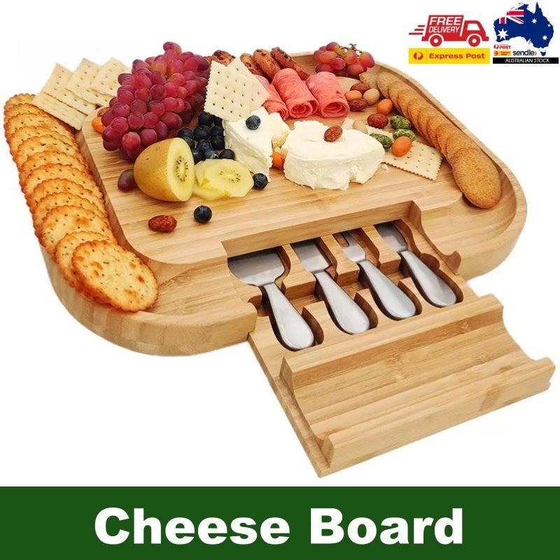 Carrara Bamboo Cheese Board 43 x 33 cm w/ 4 Stainless Steel Knife Serving Tools