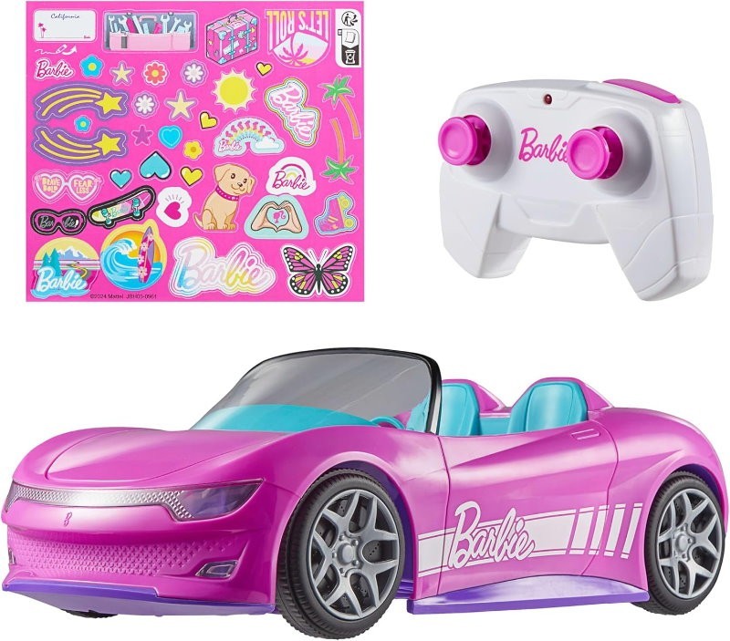 Hot Wheels Mattel Barbie RC Toy Car Convertible with 2 Dolls, Sticker Sheet
