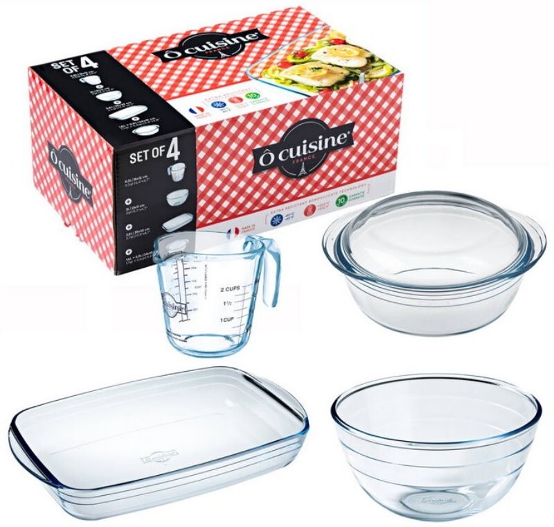 O Cuisine 4pc Glass Cookware Starter Pack Gift Set Bowl, Jug, Casserole, Roaster