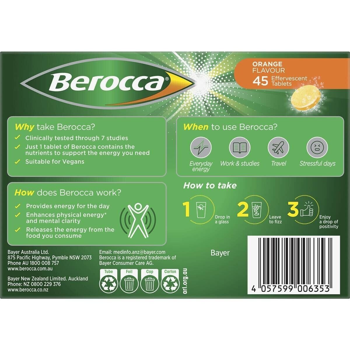 Berocca Energy Orange 12 Essential Minerals Vitamins 45 Effervescent Tablets