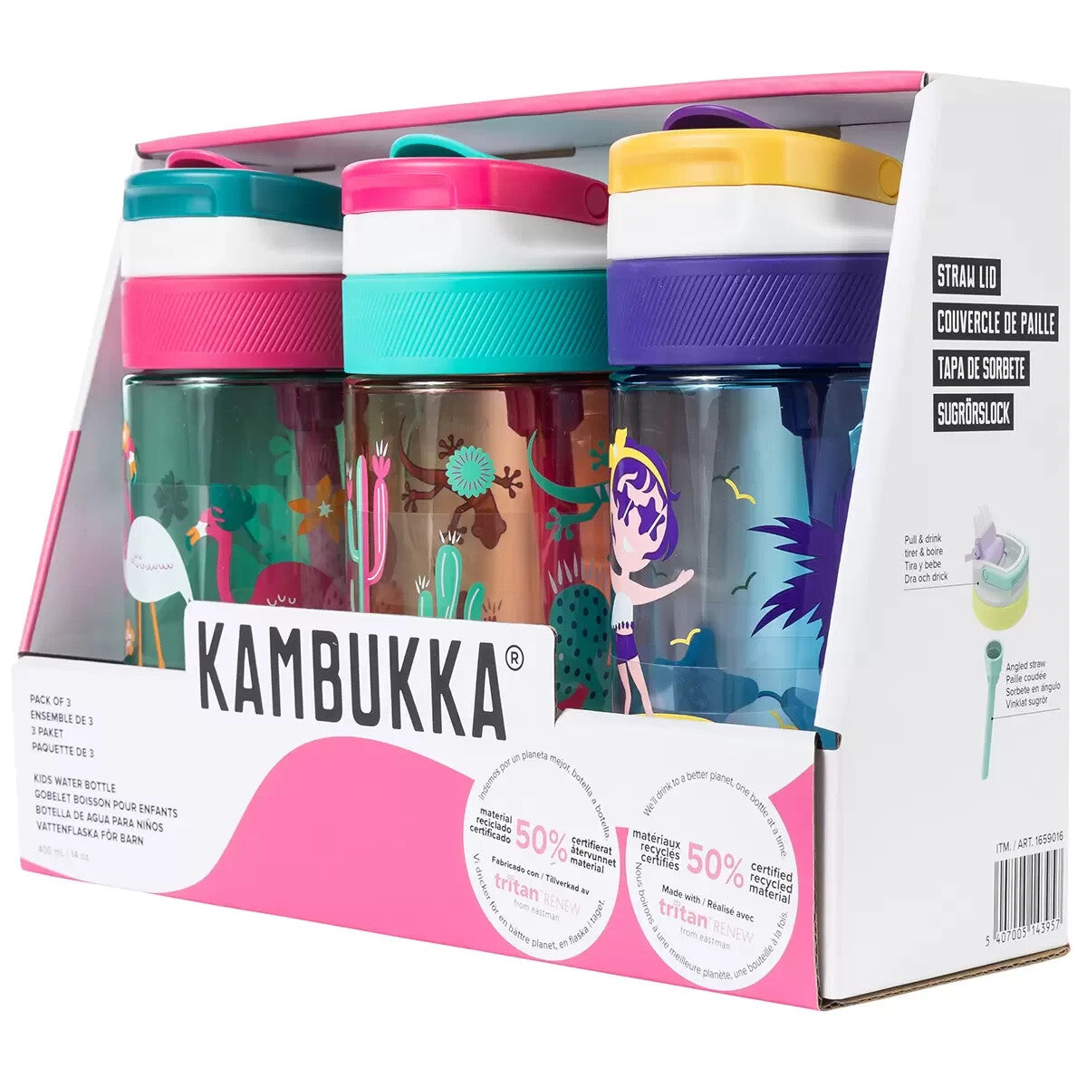 3 x 400ml Kambukka Lagoon Kids Water Drink Bottle Dishwasher Safe Green Pink