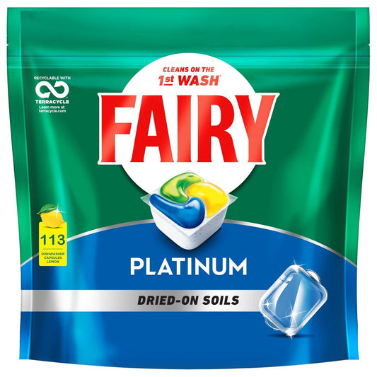 Fairy Platinum Dishwasher Gel Capsules 113 Pack Lemon Cleans Dishwasher Filter