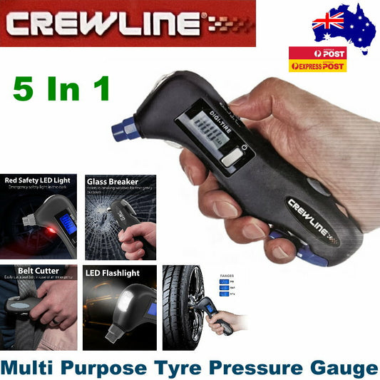 CrewLine 5-in-1 Digital Auto Safety Multi Purpose Tool Tyre Pressure Gauge