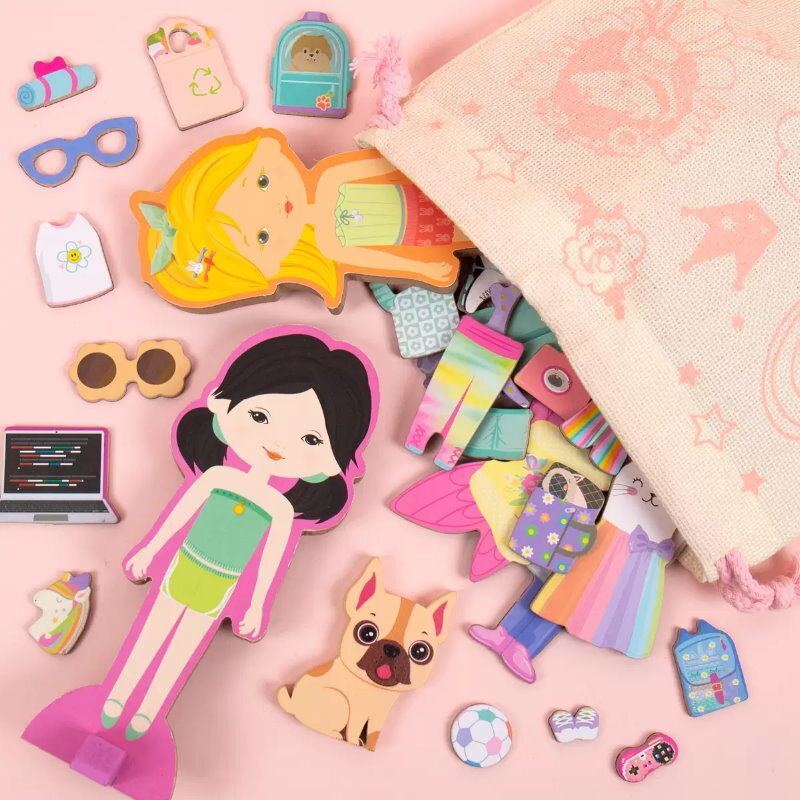Story Magic Wooden Dress-Up Dolls Assortment -Dollhouse, 10 Figurines, 80 Magnet