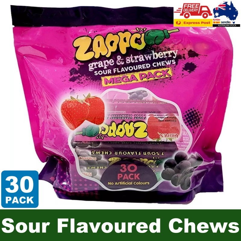 Zappo 30-Pack Grape & Strawberry Sour Flavoured Chews Lollies Mega Pack 870g