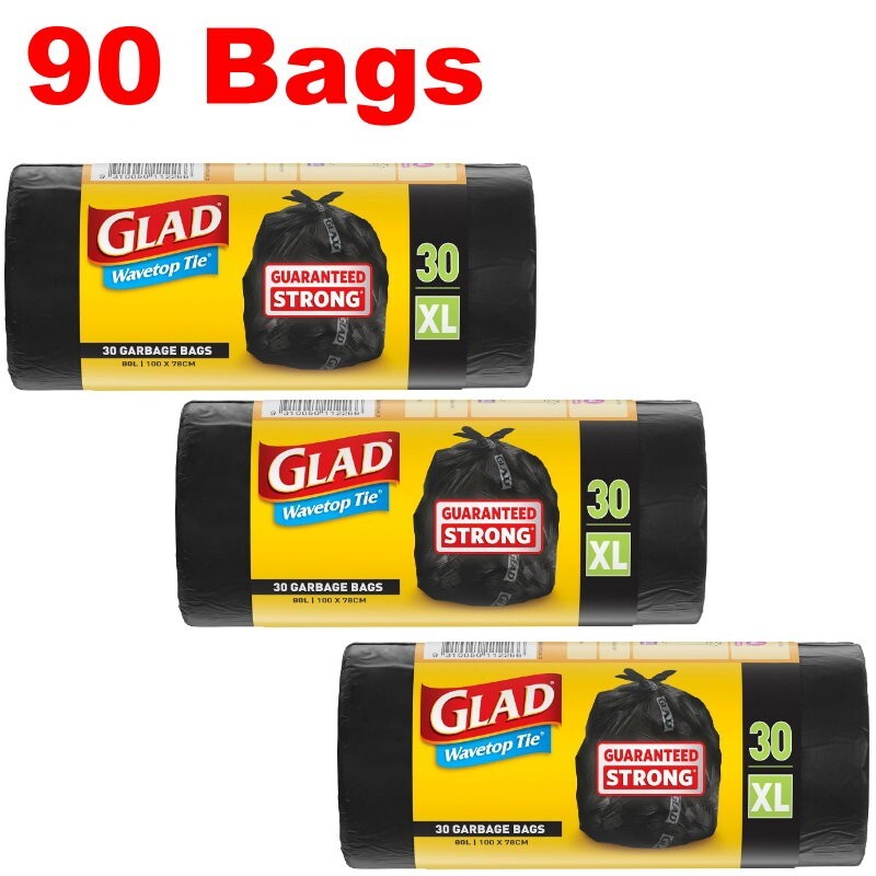 Glad XL 80L Extra Large Wavetop Tie Garbage Bags with Leak Proof Base 78 x 100cm