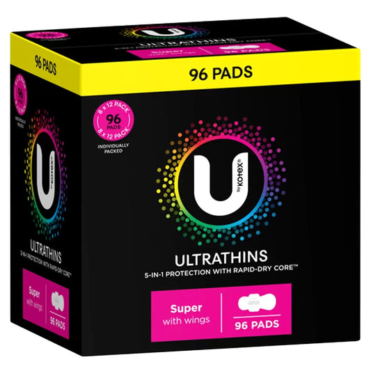 96 x U By Kotex Ultrathins Super Pads with Wings Dry Disposable Period Pads Box