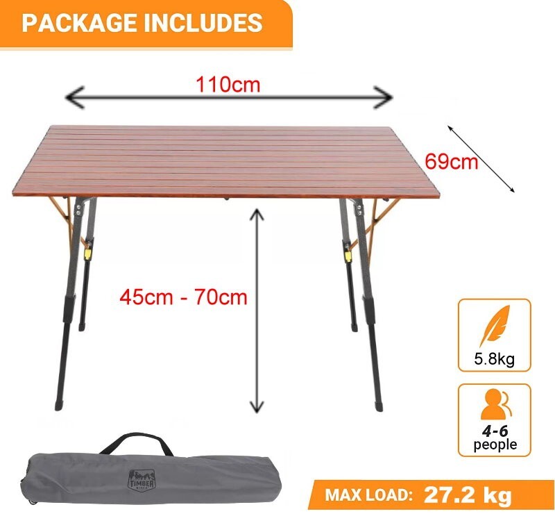 Timber Ridge 6-People Folding Adjustable Aluminium Camping Table w/ Carry Bag