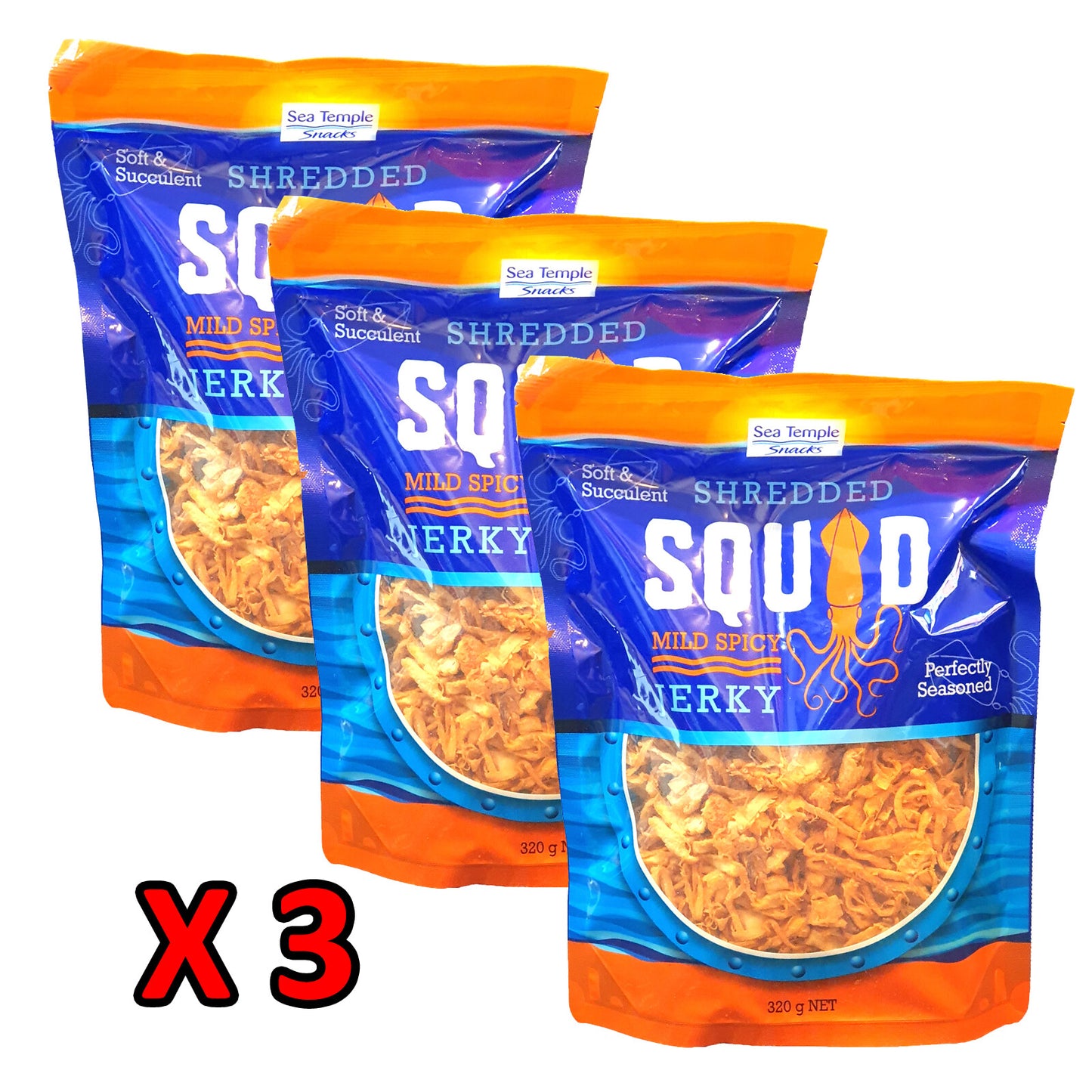 Sea Temple Dried Soft Toasted Shredded Squid Mild Spicy Jerky Snack Pack 3 x320g