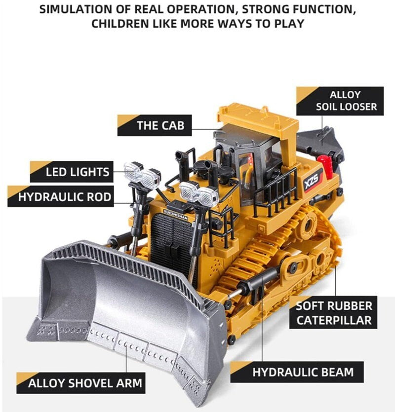 XZS 1:24 360° Rotation 9CH 2.4G RC Bulldozer Toy w/ Sound, Light, Alloy Bucket