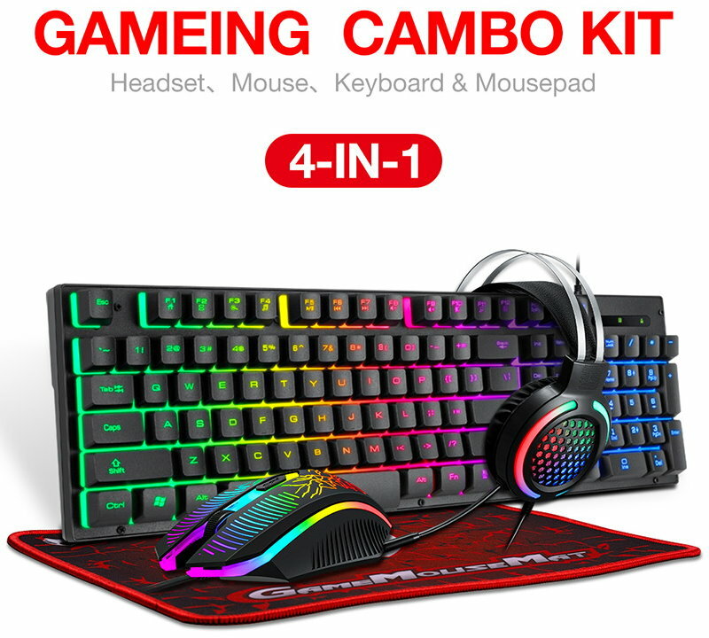T-Wolf TF-400 4-in-1 Gaming Kit LED Backlit Gaming Keyboard Headset Mouse Pad