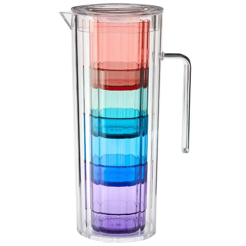 Acrylic Lagoon Pitcher with 4 Stackable Tumblers - Break-Resistant, Rainbow
