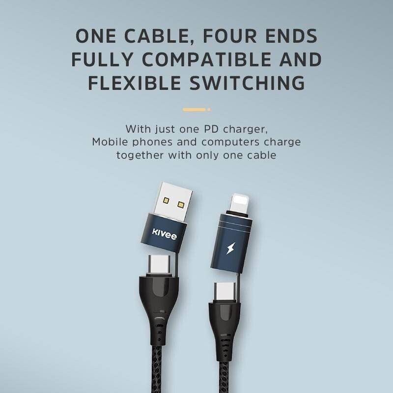 Kivee 4-in-1 Multi Fast Charging Cable USB-C 8 Pin to Type C USB Charging Cable