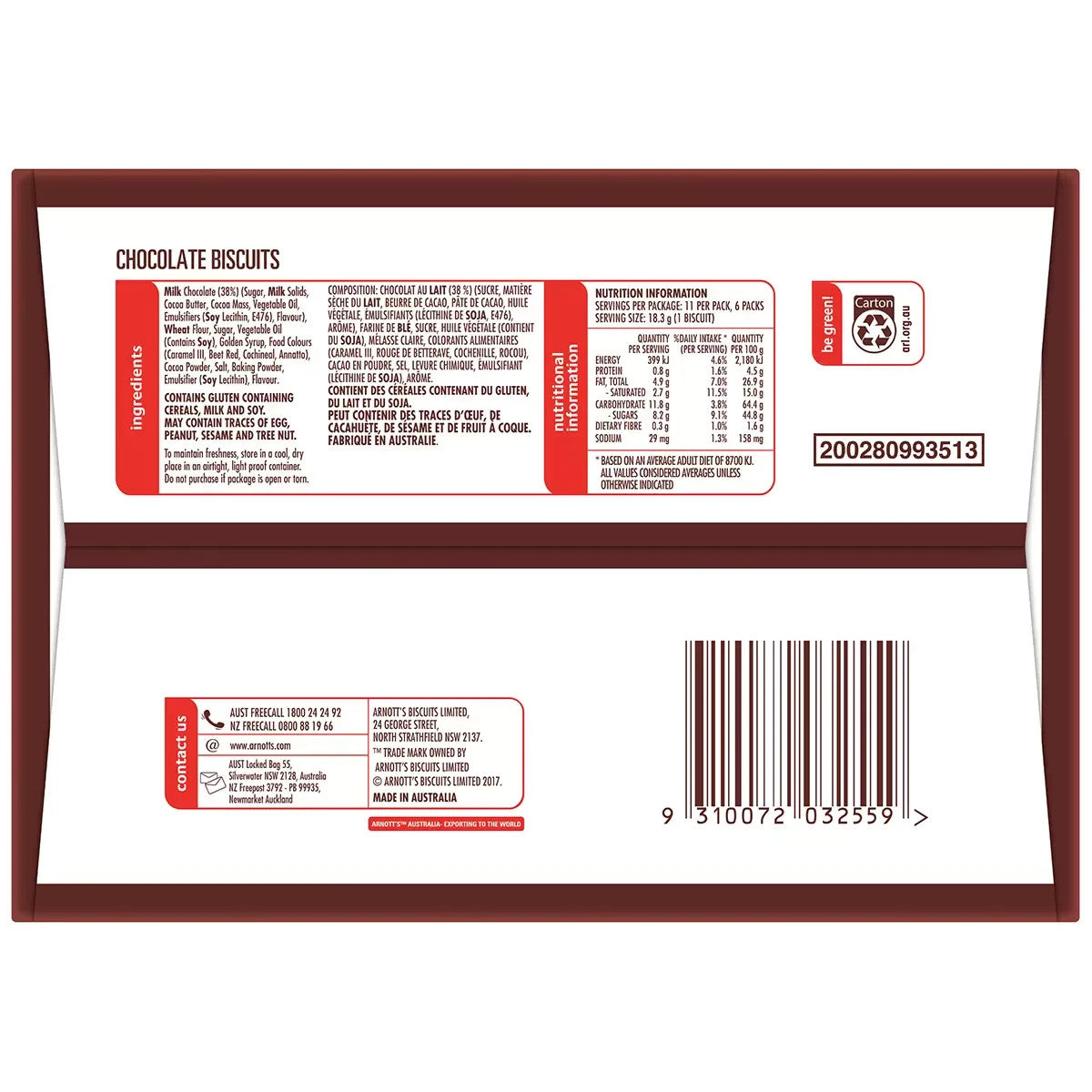 6 x 200g Arnott's Tim Tam Original Value Family Pack Malted Chocolate Biscuits